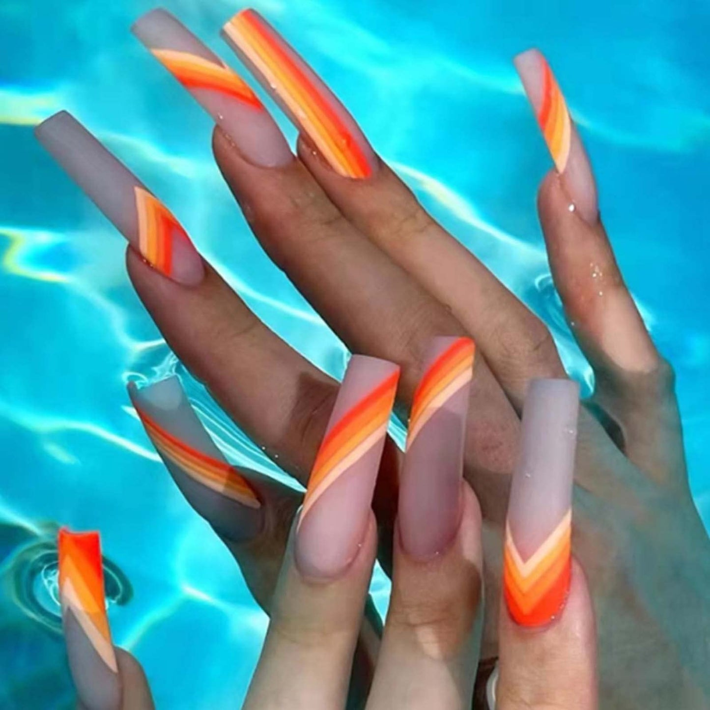 Kamize Extra Long Fake Coffin Nails Orange Press on Nails Matte Acrylic Nails Full Cover False Nails for Women and Girls24PCS