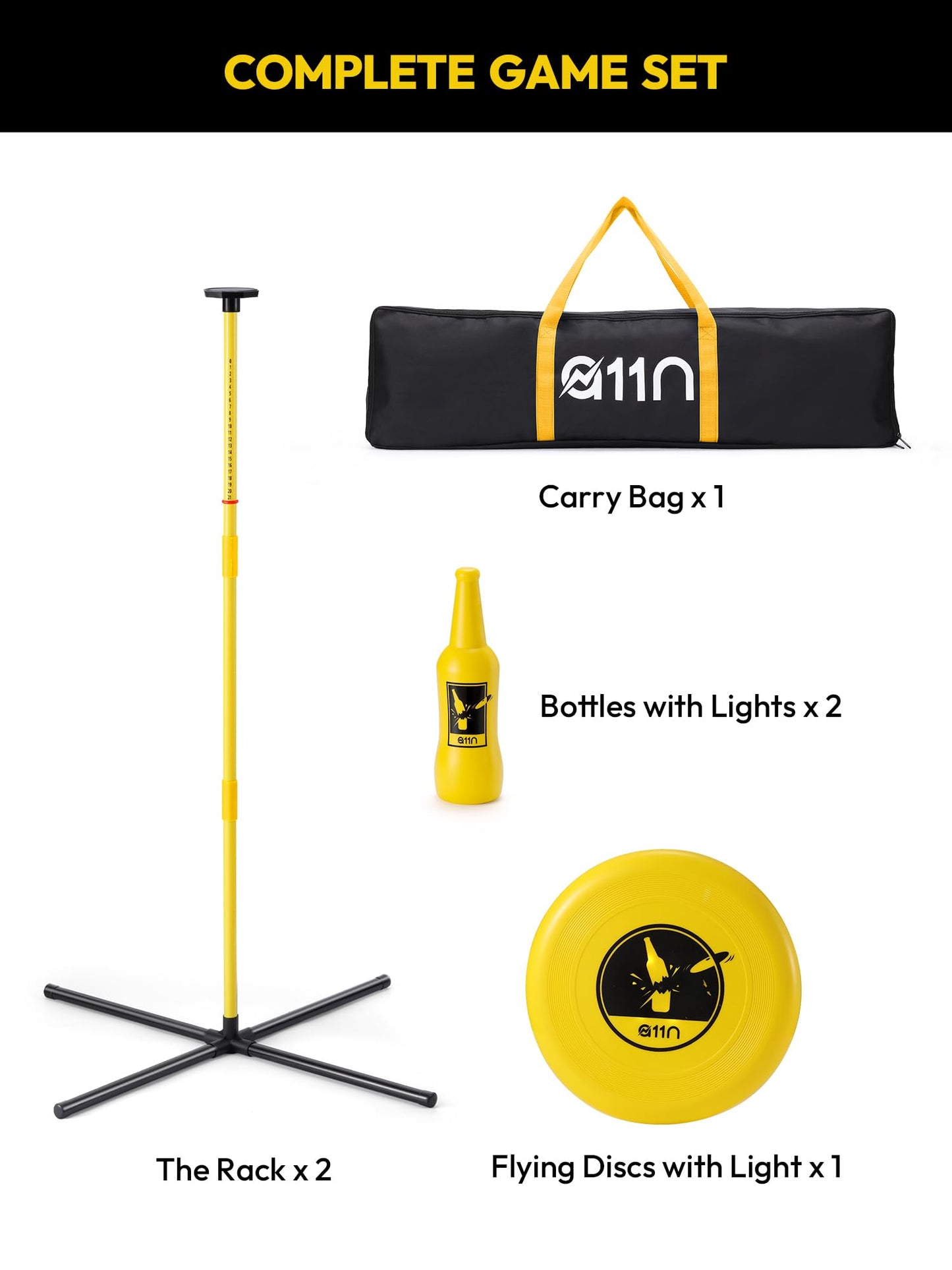 A11N SPORTS Light Up Bottle Bash Game Set, LED Toss Set with Color-Changing 10.5" Disc & 2 Glowing Poles, Indoor & Outdoor Night Game