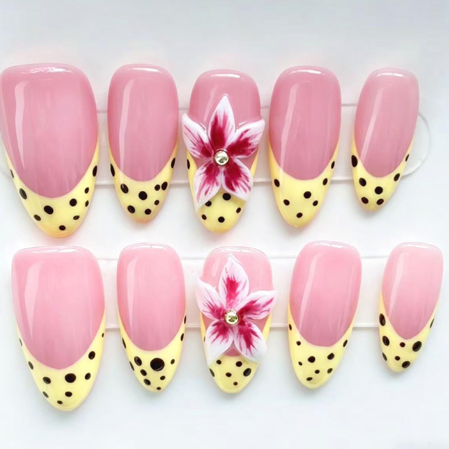 Threelegscat Handmade Pink Medium Almond Press on Nails, 10 PCS Fake Nails with 3D Flower & Polka Dots, Yellow French Tips False Nails, Reusable Size M for Women Daily& Gift