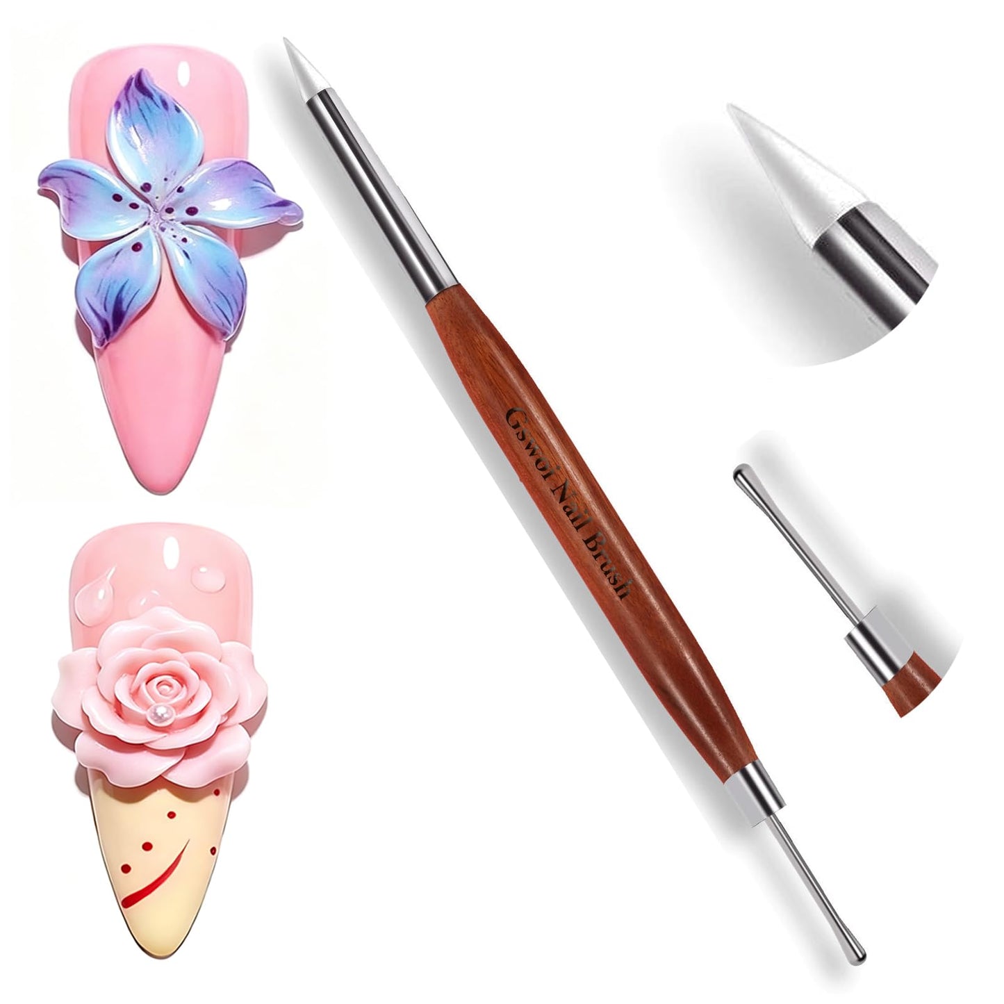 GSWOI Dual Head Acrylic Nail Brush-Carving & Silicone Drawing Embossing for Builder Gel,Polygel & Design-Wood Handle & Metal Caps