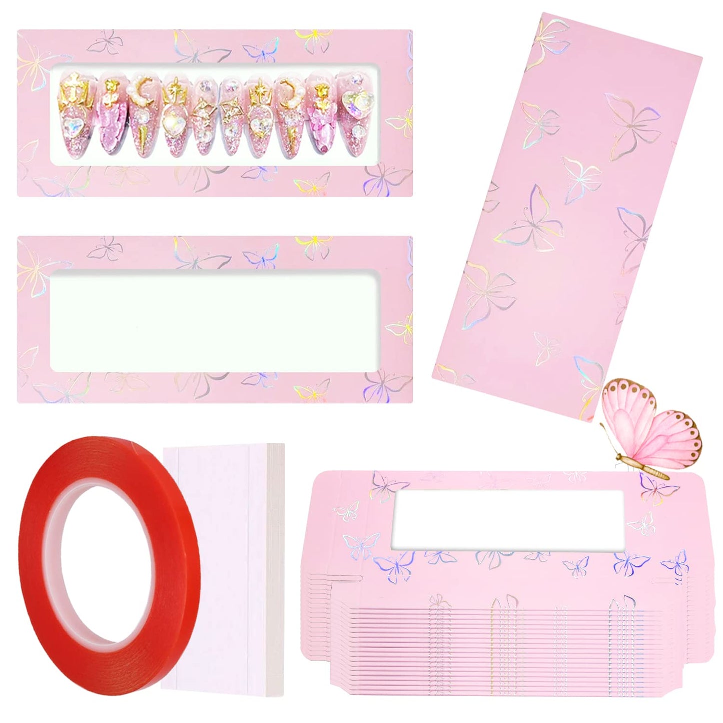 HLQHXWHZT 71 Pcs Include 35Pcs Empty Press on Nails Packaging Box 35 Pcs White Background Papers and 1 Double Sided Tape, Empty Nail Package Box Set for Press on Nail Business(Pink)…