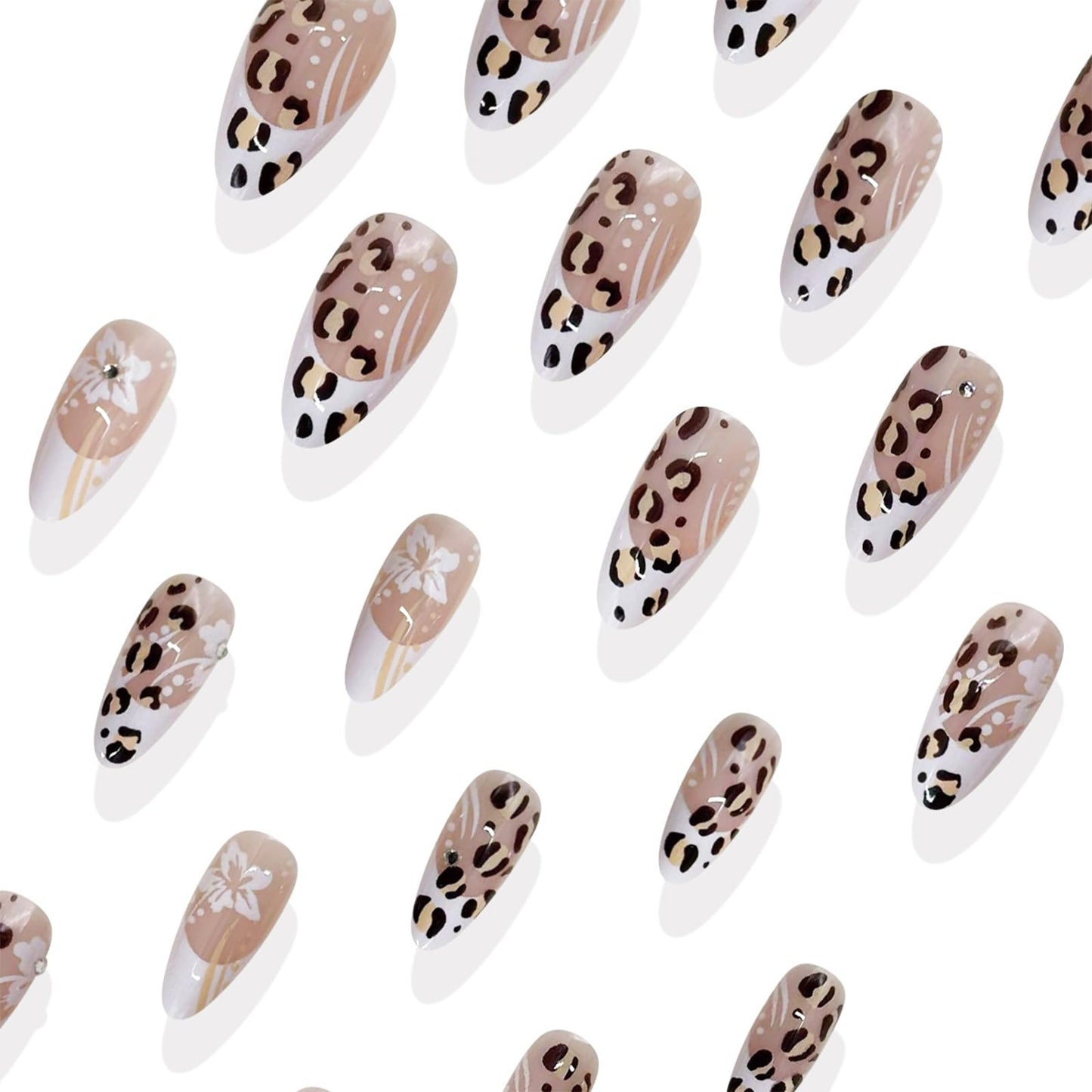 IMSOHOT Press on Nails Almond Medium Fake Nails White French Tips False Nails with Leopard Print Design Flower Acrylic Nail Supplies Glossy Full Cover Glue on Nails for Women 24Pcs