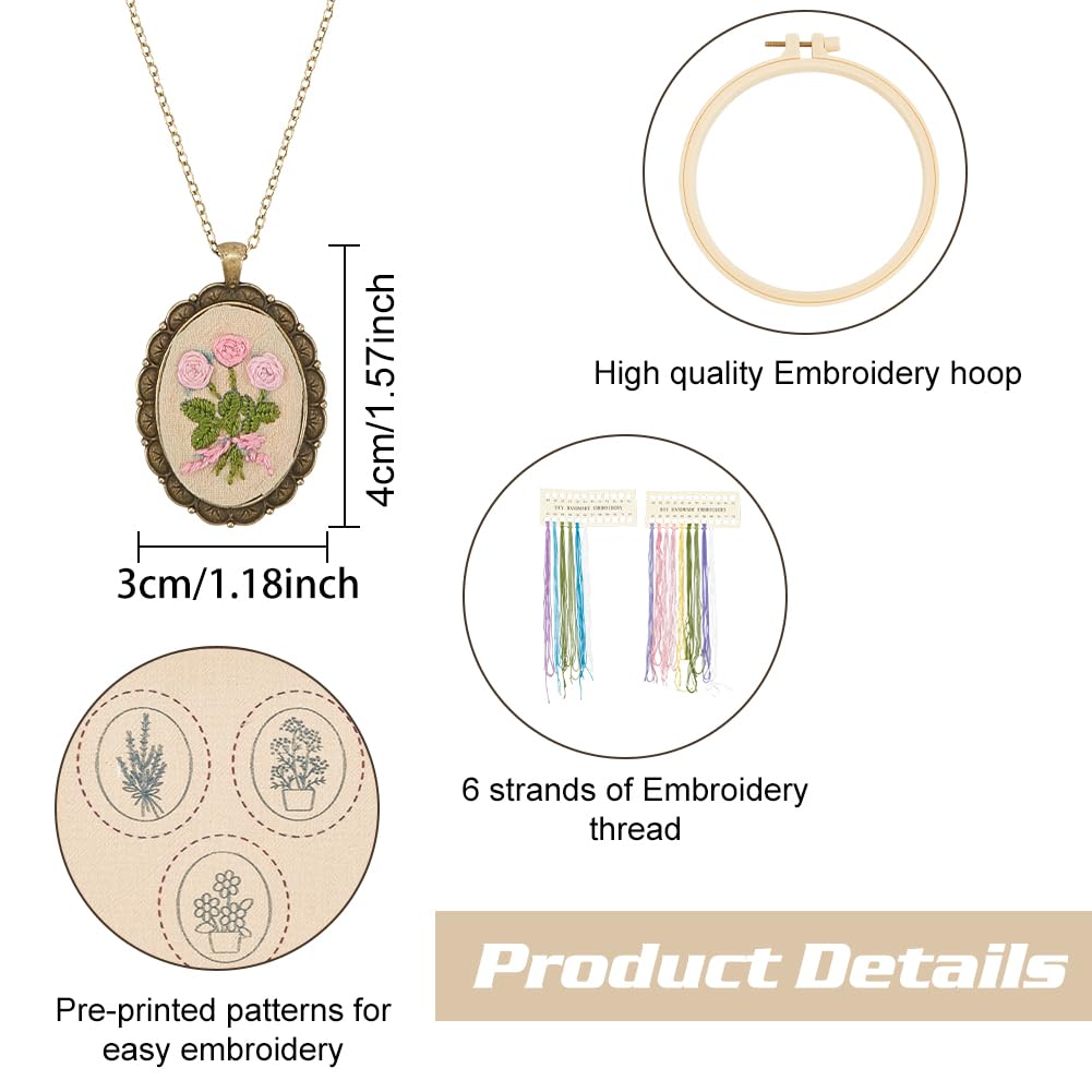 FREEBLOSS 6 Set Embroidery Necklace Kit Embroidery Kit for Beginners Embroidery Pendant Flowers Brooch Mini Embroidery Kit with Instruction Embroidery Starter Kit for Adults Stamped Pattern Cloth