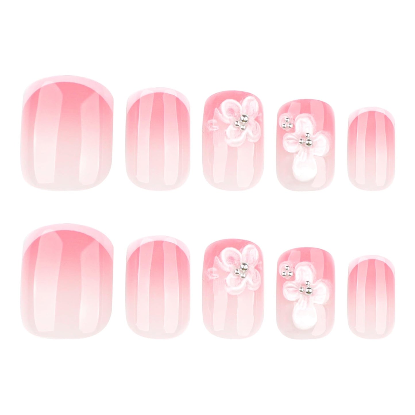 Pink Press on Nails Short Square Fake French Tip Nails wtih Cute Flower Design Acrylic Full Cover Stick on False Nails for Women Manicure 24Pcs