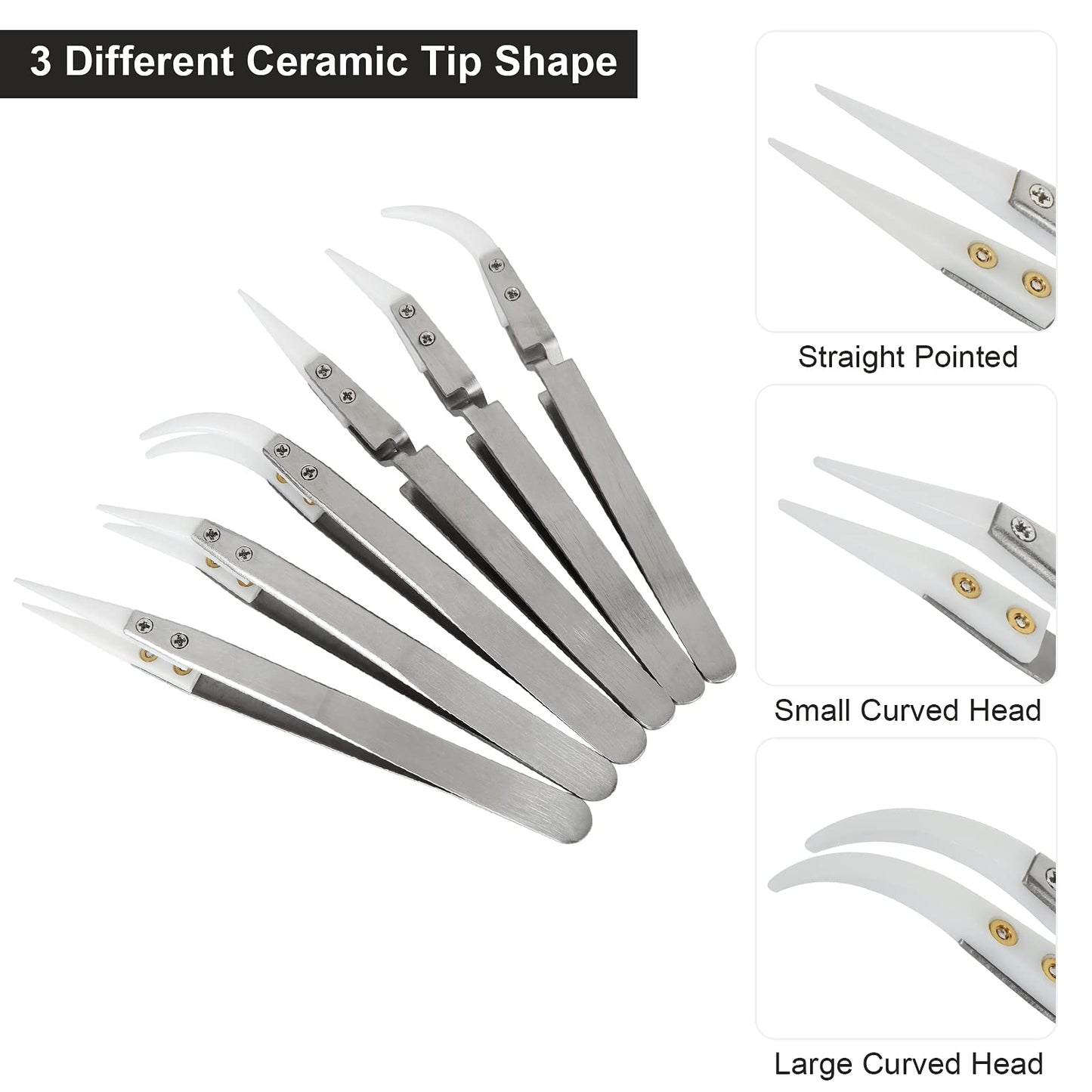 6 Pcs Precision Ceramic Reverse Solder Tweezers, Non-Conductive, Anti-Magnetic Pointed & Curved Tips Tweezers Set, Cross Lock Fiber Grip Soldering Tool, Heat-resistant Electronics Tweezers