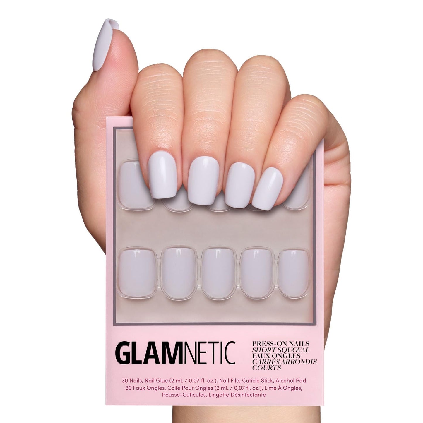 Glamnetic Press-On Nails Bundle - Rosé, Honey Bun & Lilac Gray | Rosy-Pink Nails with a Metallic Finish | Neutral Sparkly Short Almond Fake Nails, Velvet | Light Lilac Gray Short Squoval False Nails