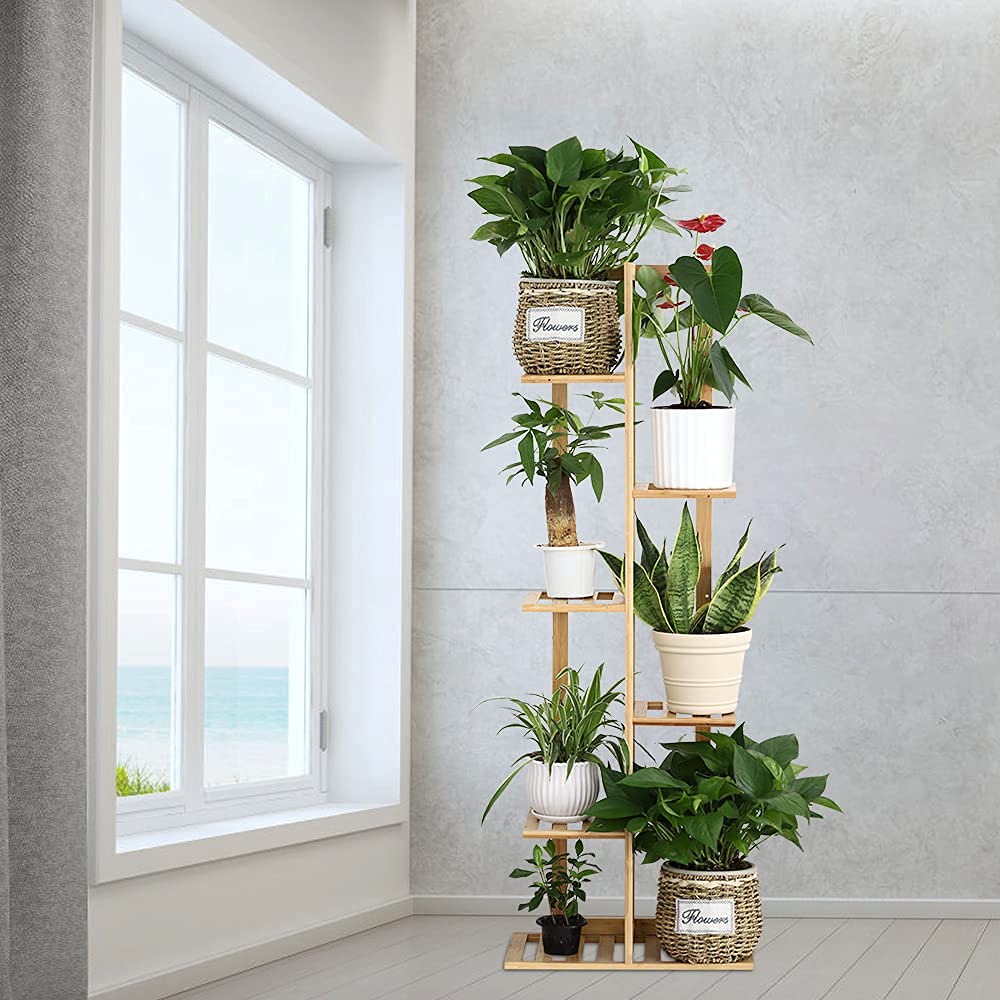 Nandae Bamboo Plant Stand Rack 6 Tier 7 Potted Indoor&Outdoor Multiple Stand Shelf Display Stand for Garden, Living Room, Balcony and Courtyard