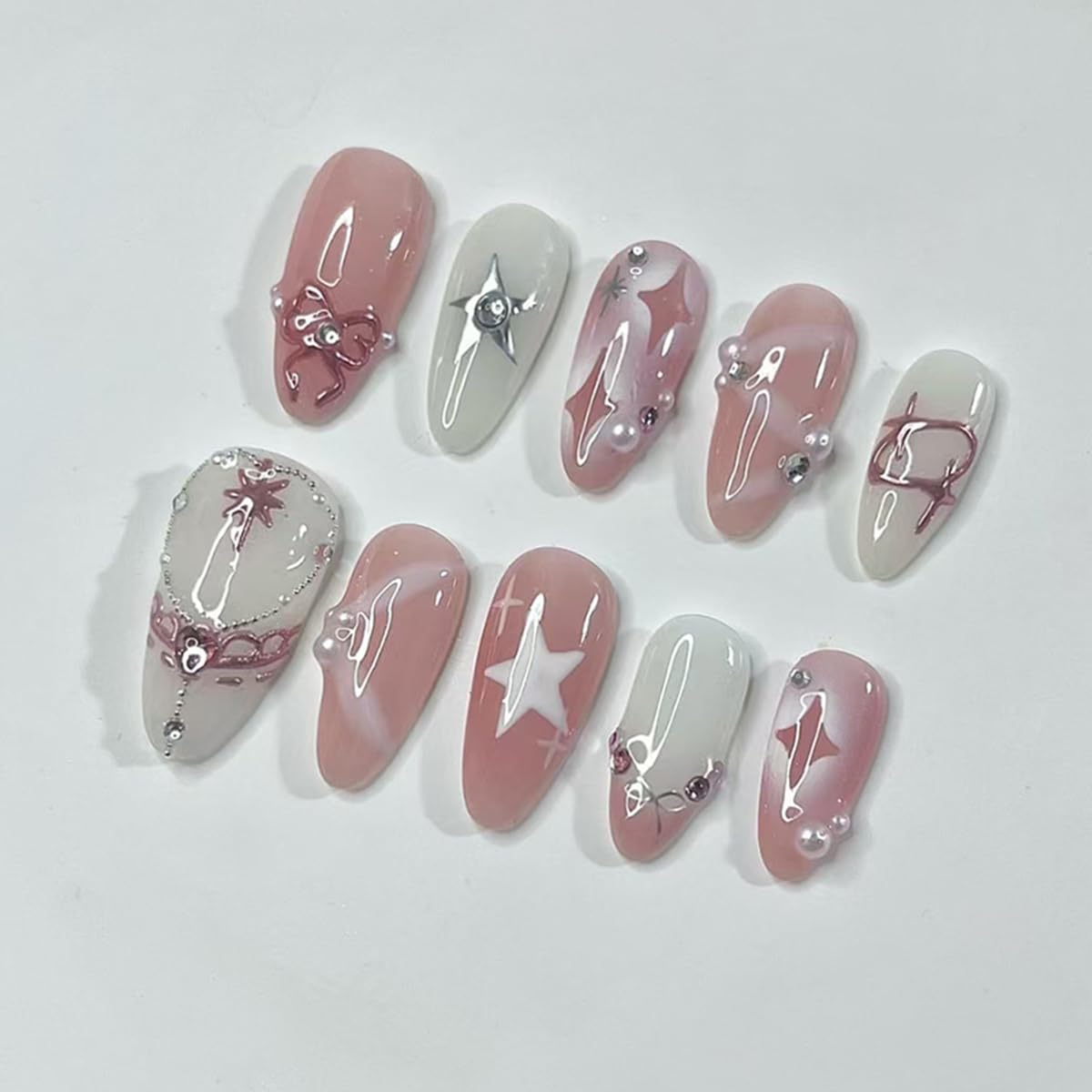 24 Pcs Pink White Press on Nails Short Almond,MINGCHUN Fall Fake Nails Press ons Acrylic Nail Art Tips Kit Full Cover False Nails Glue on Nails with Rhinestone Bow Starburst Glitter Design for Women
