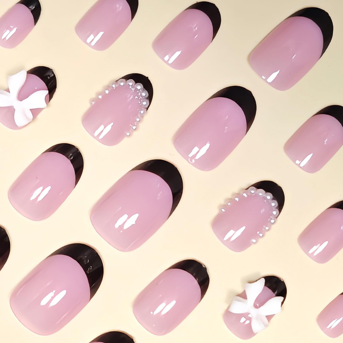 Black French Tip Press on Nails Short - Almond Fake Nails with Peal Tip Designs White Bow Artificial False Nails French Tip Glue on Nails Glossy Full Cover Stick on Nails for Women 24Pcs