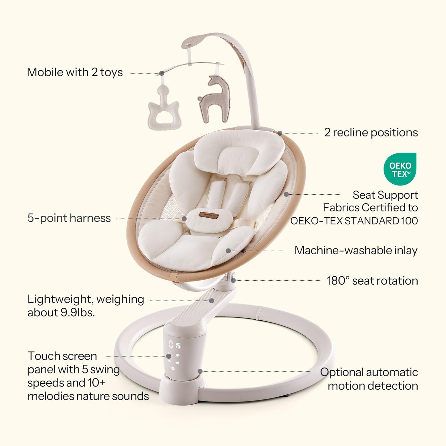 HARPPA Weddell Signature Baby Electric Swing for Newborns and Infants, Elevated Eye-Level Seat, 180° Rotation with Dual Motion, 5-Point Harness, 5 Speeds & Remote Control, Beige