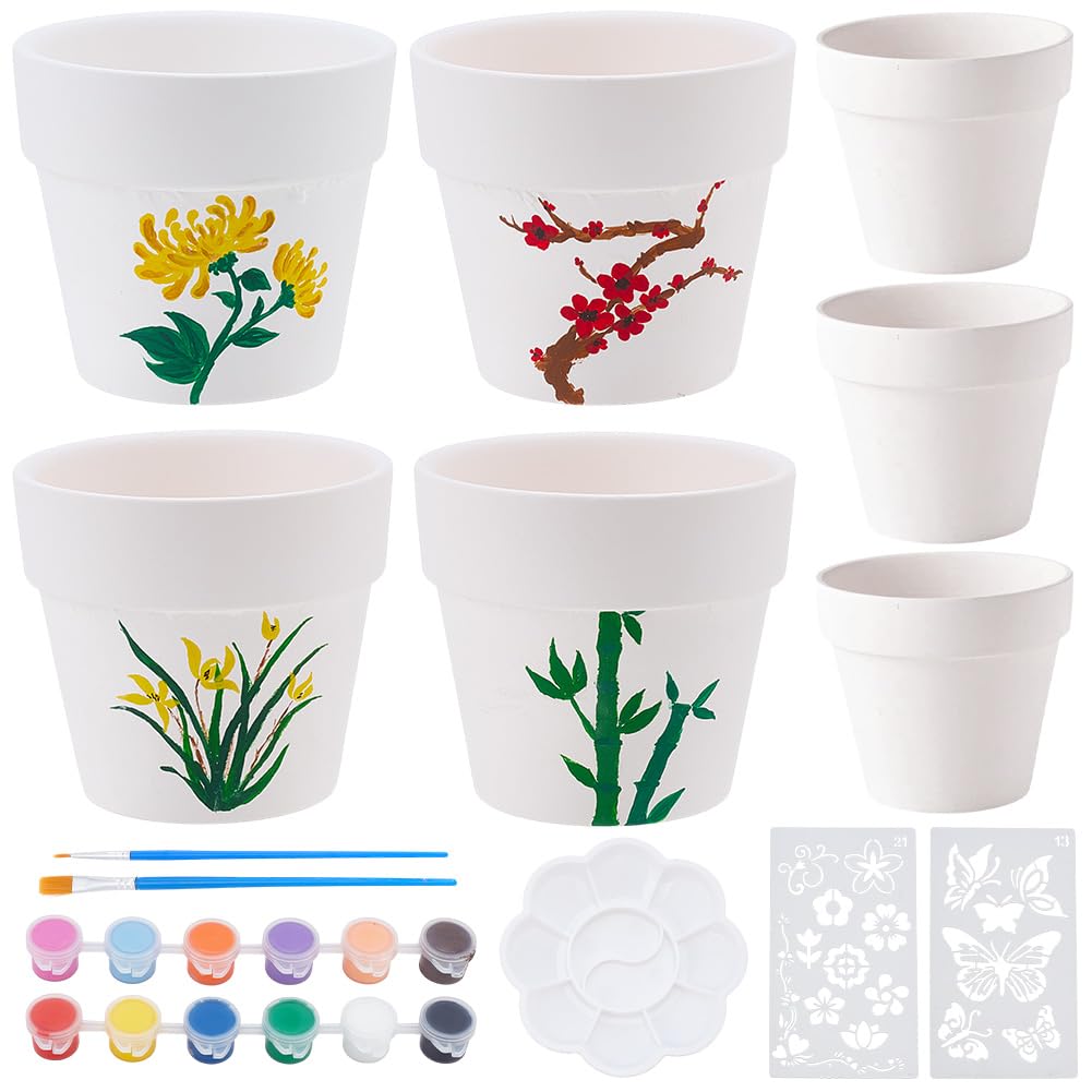 WEBEEDY 4 Sets DIY Ceramic Succulent Pots Paint Kit for Adults Beginner DIY Paintable Ceramics Pots with Butterfly Flower Stencils, Paints, Brushes, Palettes Paint Your Own Pots for Home Decor