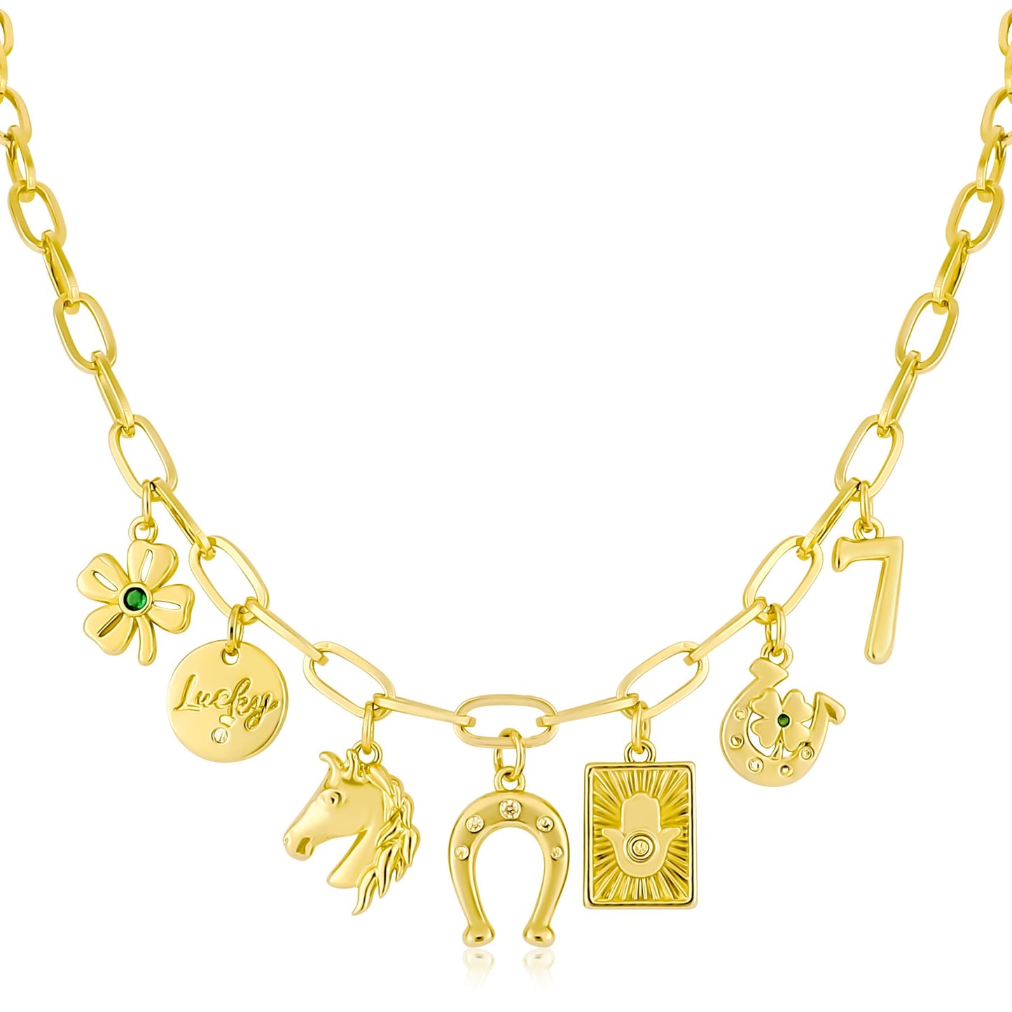 NEKOL Horseshoe Charm Necklace, Lucky Charms Pendant Paper Clip Chain Necklace Four-Leaf Clover Hamsa Horseshoe Cubic Ziron Inlays