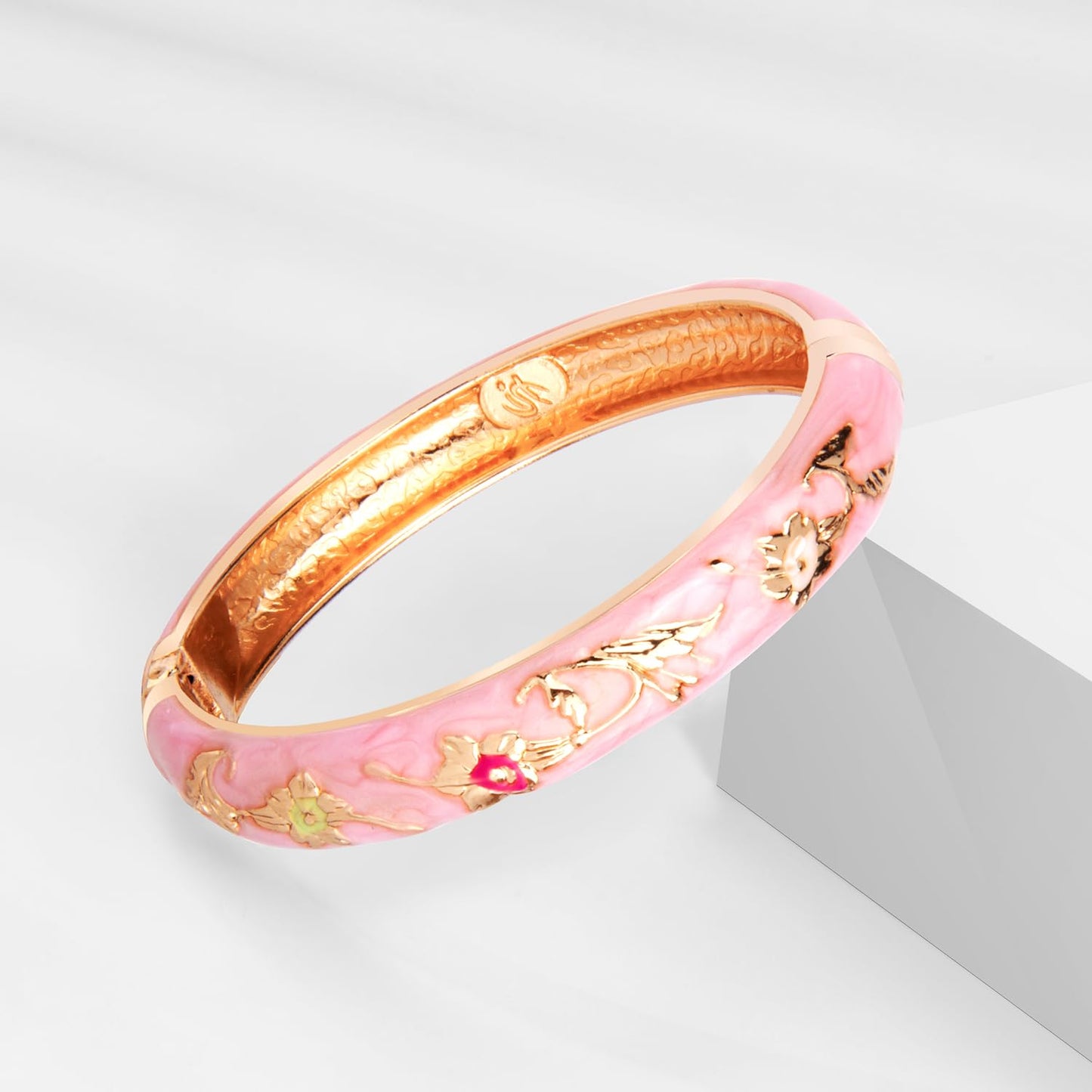 UJOY Vintage Cloisonne Bracelet Beautiful Flower Enamel Hinge Gold Plated Rose Bangles Jewelry for Women's Gifts 55A 3pcs Pink