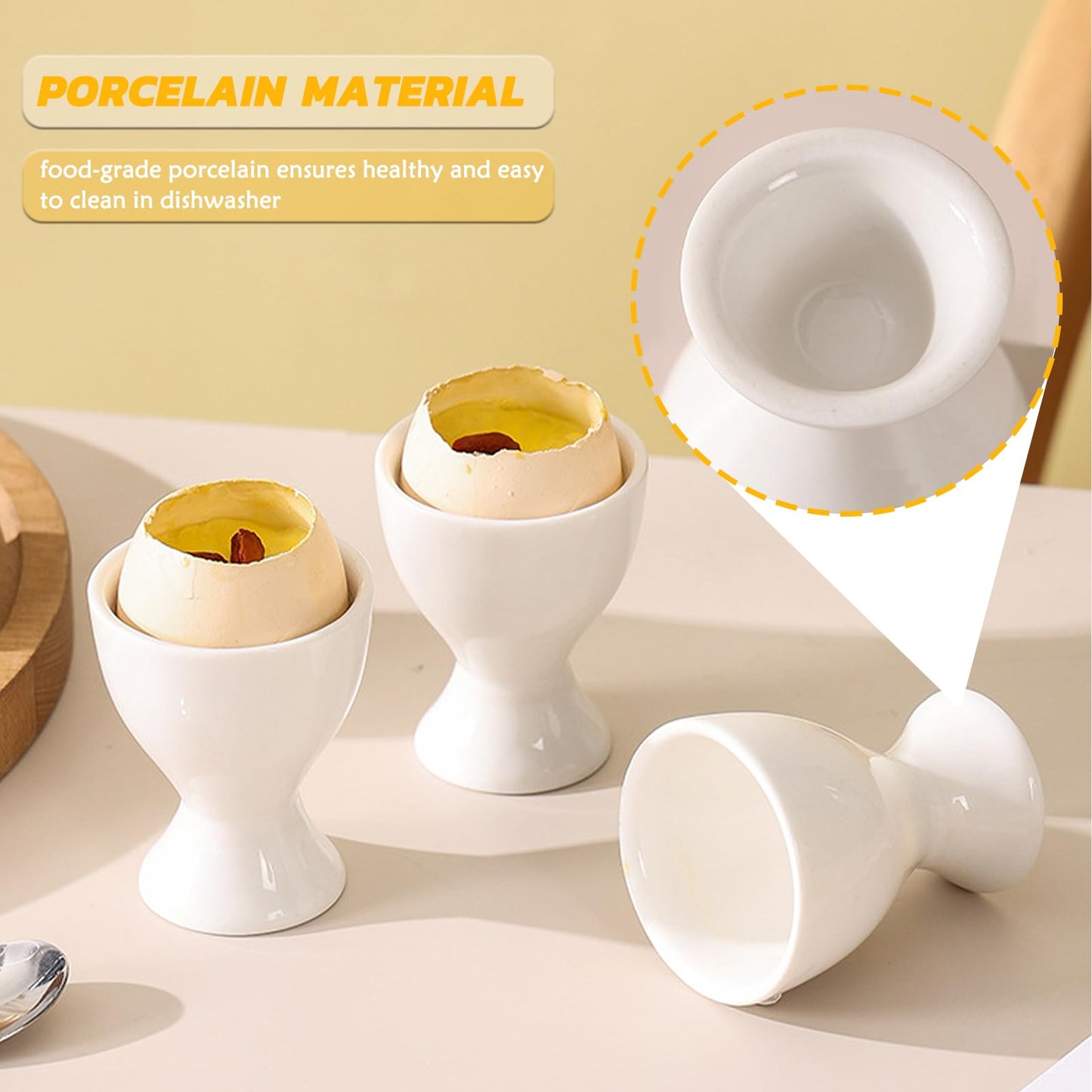 RHAFAYRE Egg Holder for Boiled Eggs, 6 Pack Porcelain Egg Cups with Spoons for Soft Hard Boiled Eggs Breakfast Dinner, 3.5" White