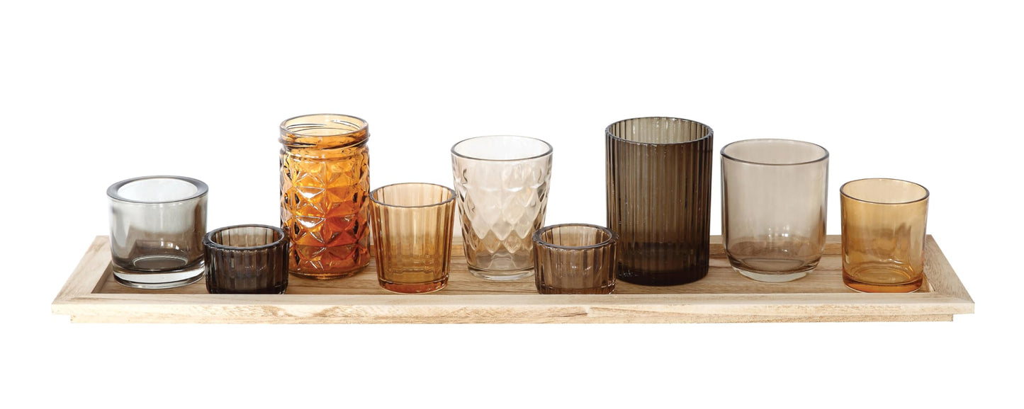 Wood Tray with 9 Brown Glass Votive Holders (Set of 10 Pieces)