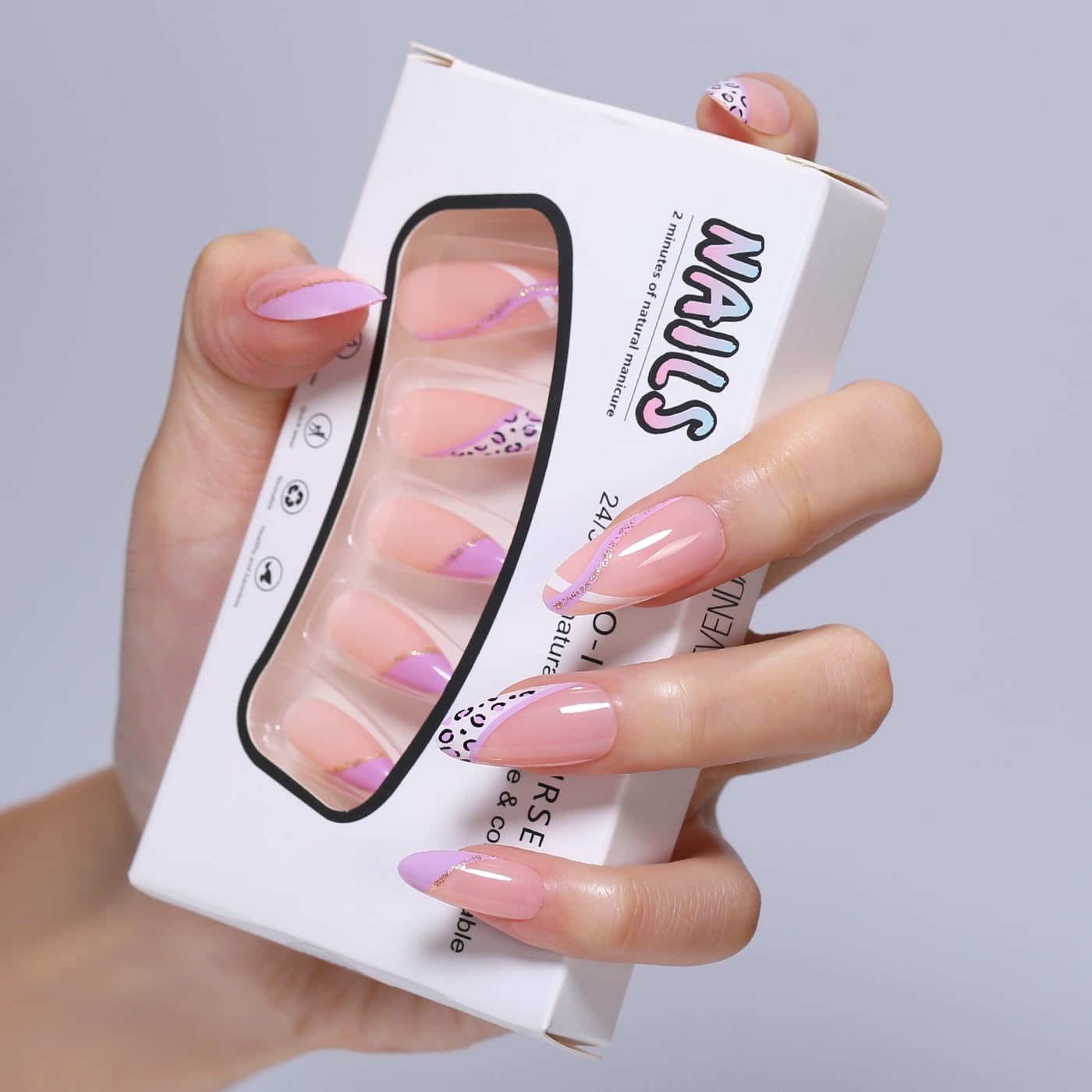 Goolich Milky Pink Press On Nails Medium Almond,Lilac Leopard French Tip Nails Press ons Set with Adhesive Tabs, 24 Pcs 12 Size Reusable Full Cover Glue on Nails for Women