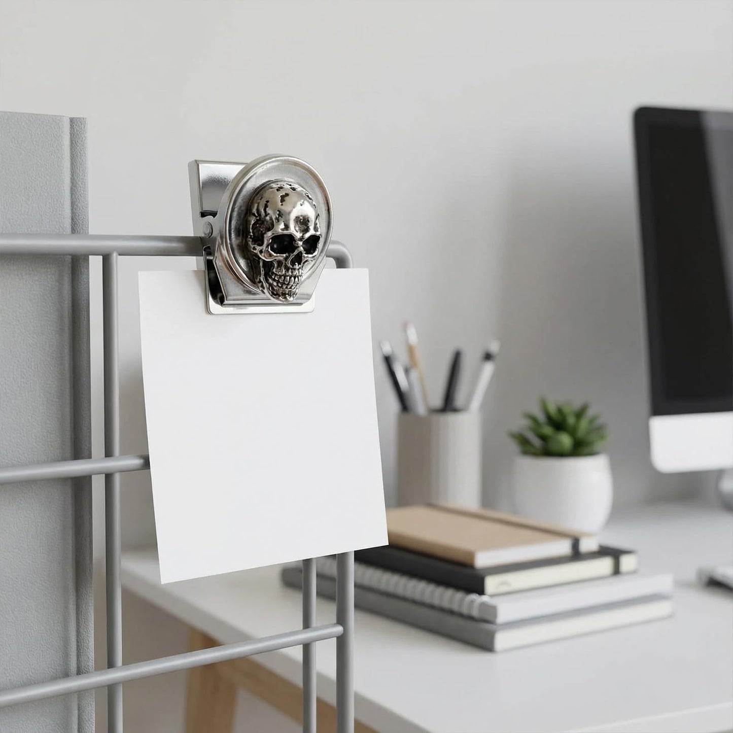 Silver Skull Fridge Magnets Set of 6 Gothic Decorative Strong Hold for Kitchen Office Whiteboard (Silver Skull Clips)