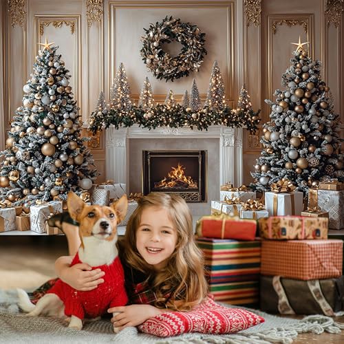 Mocsicka Christmas Fireplace Backdrop Gold Christmas Tree Fireplace Background Photography Decorations Christmas Eve Background Photo Props (7x5ft) - size: 7x5ft