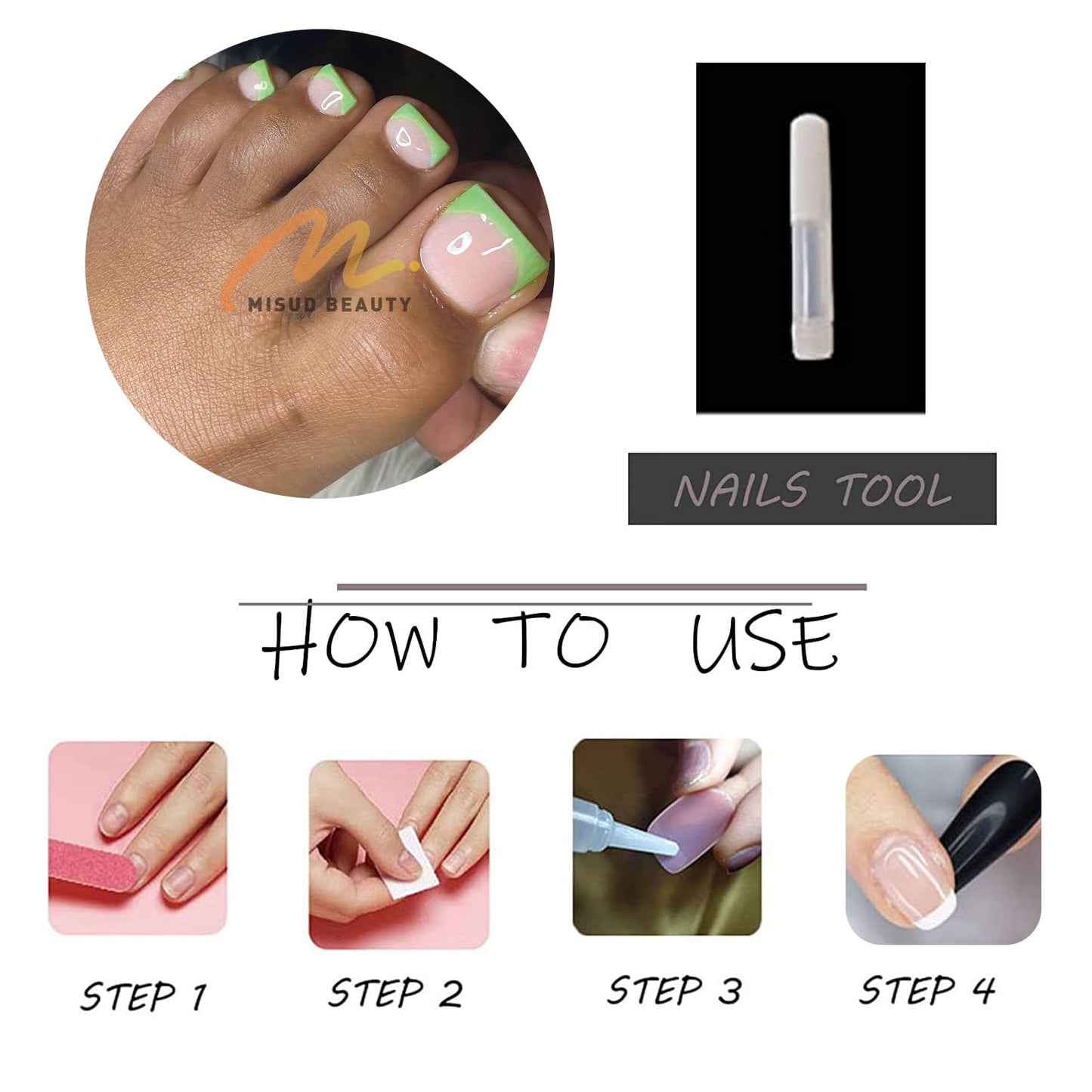 MISUD Toe Press on Nails - Fake Toenails with Green French Tip, Acrylic Toenail Glossy Design 24 pcs