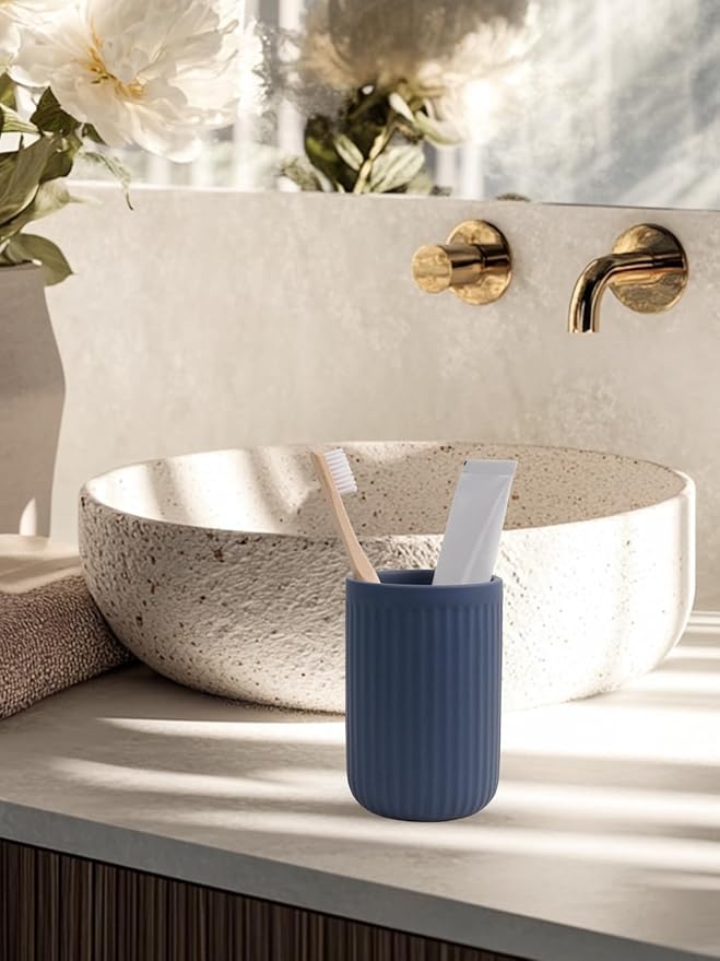 INGOFIN Ceramic Toothbrush Holder, 12 oz Toothpaste Holder Bathroom Cup, Tooth Brush Holder for Vanity Countertop, Organizer Storage for Cosmetic, Makeup, Office Pencils, Matte Blue