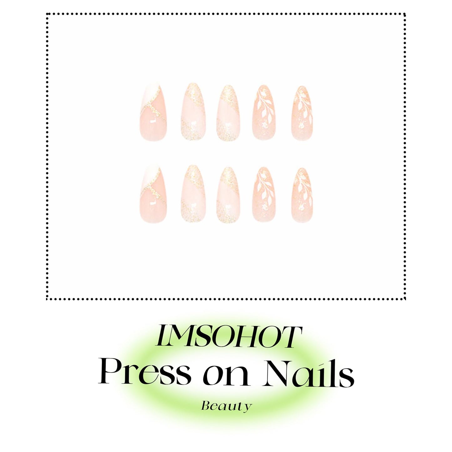 IMSOHOT Press on Nails Almond Medium Fake Nails with White Flower Designs Summer Floral Artificial Glossy Full Cover Golden Glitter Stick on Nails for Women 24Pcs
