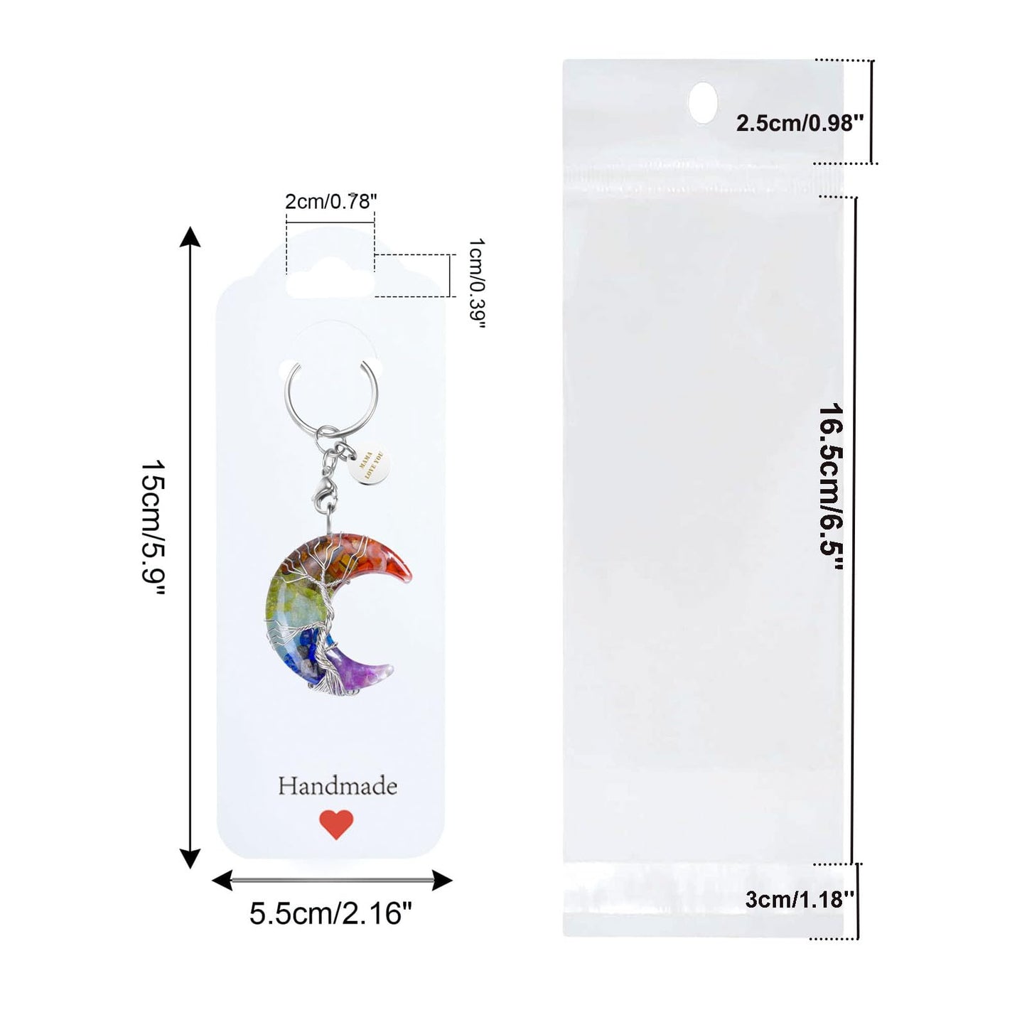 100PCS Keychain Display Cards with Clear Bags, 2.16'' x 6'' Handmade with Love Kraft Paper Jewelry Cards for Small Business Selling, Bulk Keychains Packaging Supplies (White)