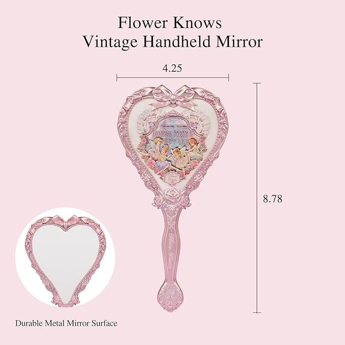 Flower Knows Midsummer Fairytales Hand Mirror,Vintage Heart Handheld Mirror,Fancy & Pretty Princess Handheld Mirror with Long Handle,Gift for Girls & Women(White Vanilla)