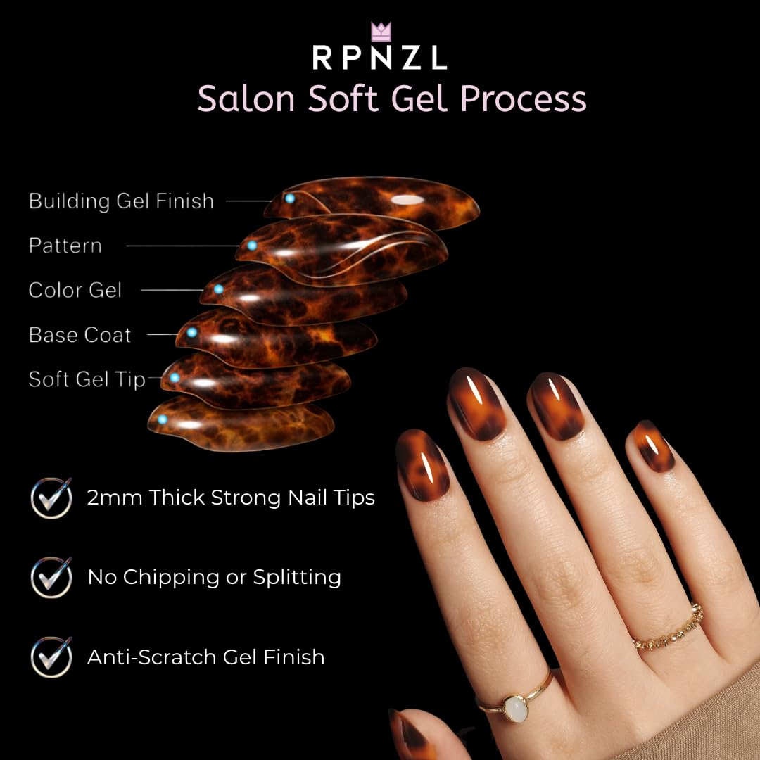 RPNZL Press On Nails - Tortoise | Amber Tortoise Shell Short Oval, Salon Quality | 32 Nails, 16 Sizes Kit with Glue and Adhesive Tabs I Female Founded - Beauty, Self Care
