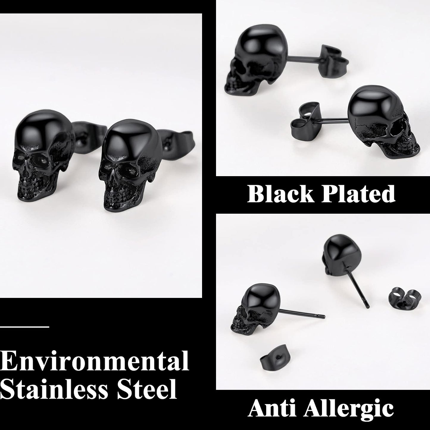 Piercing Skull Earrings for Men Black Stud Earring Punk Gothic Halloween Jewelry