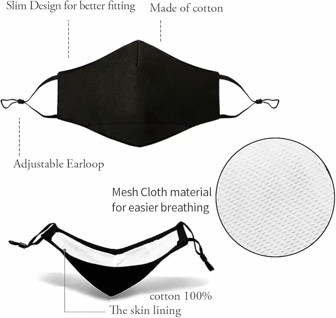 NBDIB Adult Adjustable Face Protection with Filter Pocket and Nose Wire Black Breathable Cloth Mask with 10Pcs Filters