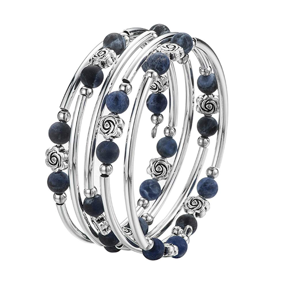 BULINLIN Wrap Bangle Rose Bead Bracelet - Beaded Bracelet with Natural Agate Stone Gifts For Women(01-Navy blue)