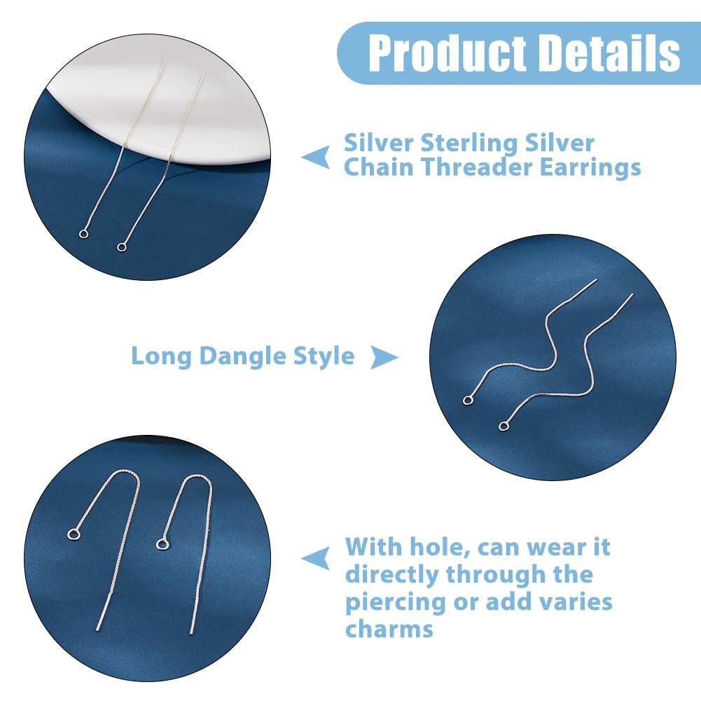 Hobbspring 2 Pairs Silver Chain Threader Earrings 925 Sterling Silver Tassel Chain Earrings 8cm Pull Through Threaded Long Chain Drop Tassel with Loop for Women DIY Earring Making