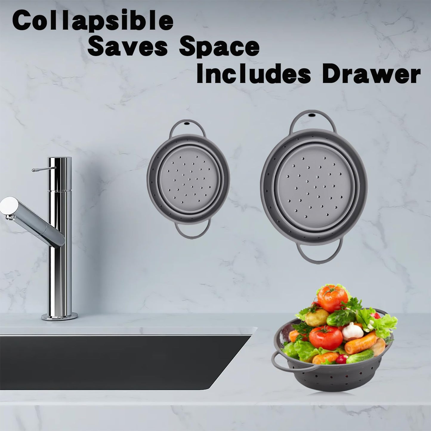 Collapsible Colander with Handle, Silicone Kitchen Colander for Easy Storage,Four-side Fast Draining Silicone Draining Basket, Perfect for Fruits Vegetables (Gray L)