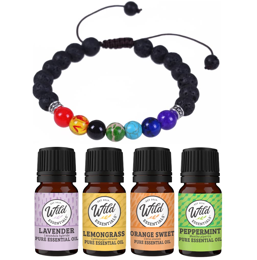 Wild Essentials 7 Chakras Lava Stone Essential Oil Diffuser Bracelet, Adjustable, Aromatherapy Jewelry Gift Set and 100% Pure Oils (Lavender, Lemongrass, Orange and Peppermint)