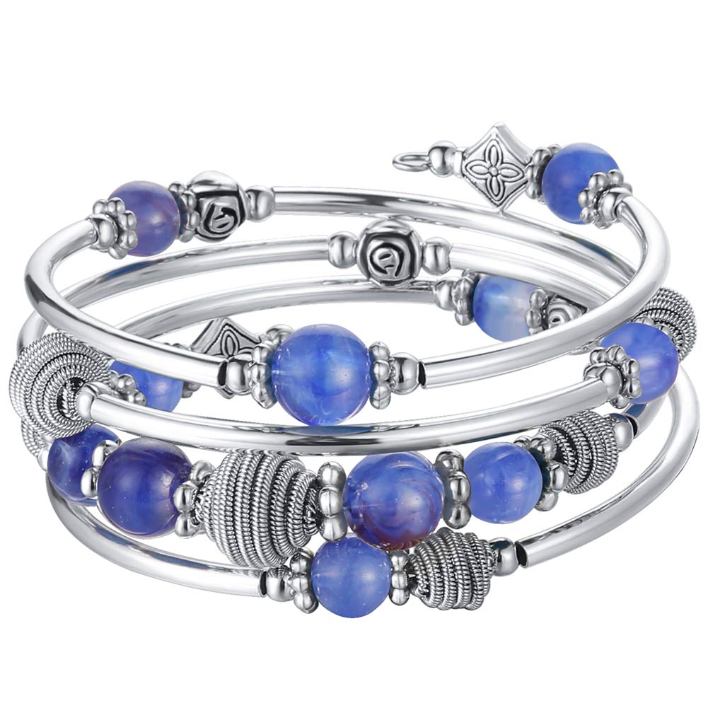 PEARL&CLUB Beaded Chakra Bangle Turquoise Bracelet - Fashion Jewelry Wrap Bracelet with Thick Silver Metal and Mala Beads, Birthday Gifts For Women(Blue)
