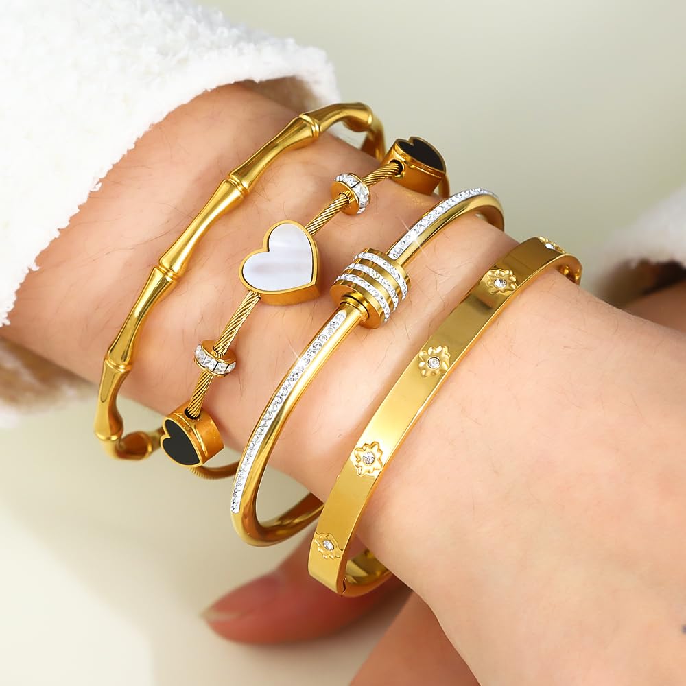 Women's 18K Gold Plated Stainless Steel Bangles & Bracelets Set White Shell Heart Roman Numerals & Cubic Zirconia Twisted Bands Waterproof Tarnish Resistant Hypoallergenic 2.3 Inches (6cm) Stackable Design (4-PC Style A)