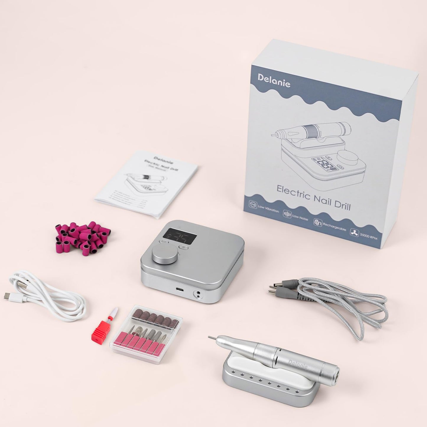 Delanie Electric Nail Drill Machine 35000 RPM, E File for Nails Professional with Magnetic Handpiece Holder, Rechargeable Electric Nail File with 7 bits & 36 Sanding Bands for Manicure Pedicure