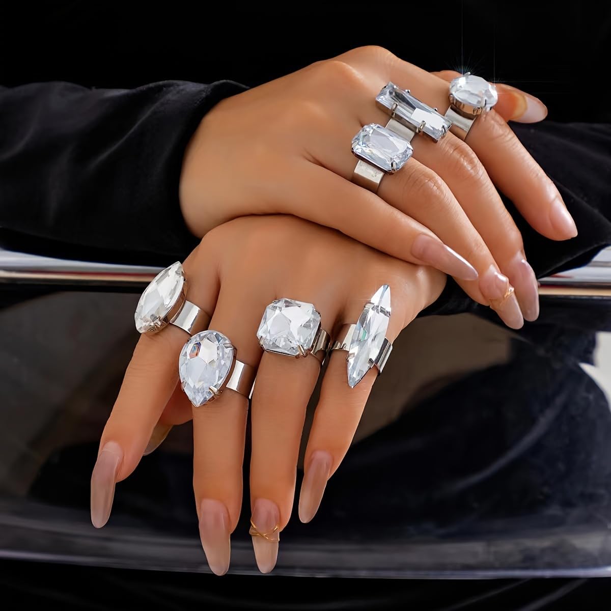 Vivian&CD Silver Chunky Cubic Zirconia Rings Set for Women, Open Adjustable Stackable Non-Tarnish Chunky Knuckle Rings Trendy Fake Diamond Wedding Engagement Promise Eternity Ring Jewelry (Silver)