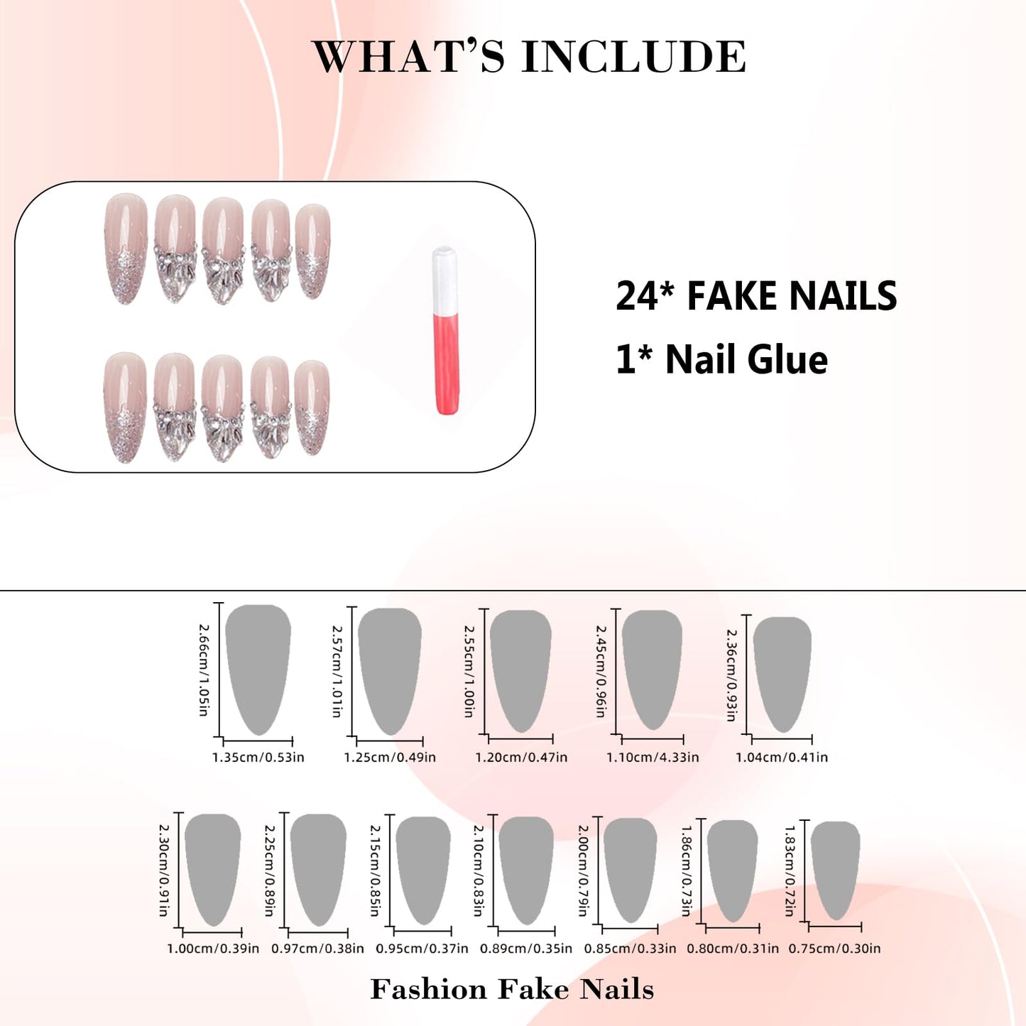 IMRAIN Medium Almond Silver Glitter French Tips False Nails with Rhinestone Designs - Glossy Full Cover Glue on Artificial Stiletto Nude Nails for Women Girls - 24 Pcs