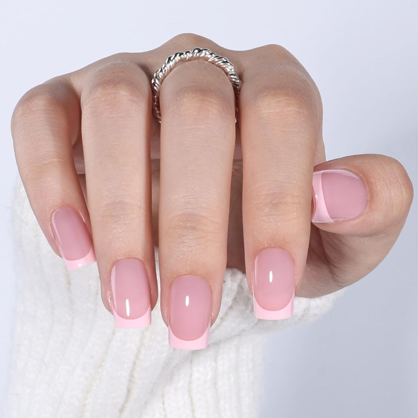 Leefrei Pink French Tip Press On Nails Short Square - Fake Nails Press ons, Reusable Glue On Nails for Women, 16 Sizes 32 Pieces Nail Kit with Glue, Soft Pink French