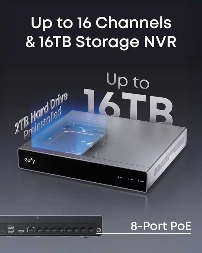 eufy PoE NVR Security System E40, 24/7 Recording,Up to 16CH, 2TB HDD, 4 4K Bullet Cams, Wired Outdoor Cam, 4K UHD, 122° FOV, Color Night Vision, AI Detection, Red and Blue Strobe