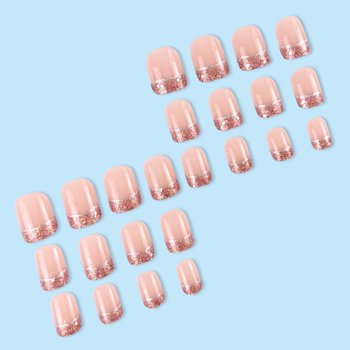 Starry Sky French Tip Press on Nails Medium Square Fake Nails Silver Glitter French Design False Nails Shine Nude Pink Full Cover Glossy Acrylicl Artificial Nails for Women Manicure Salon 24Pcs