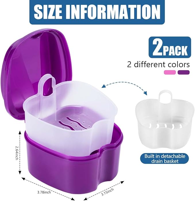 2 Pack Colors Denture Bath Case Cup Box Holder Storage Soak Container with Strainer Basket for Travel Cleaning (Pink and Purple)