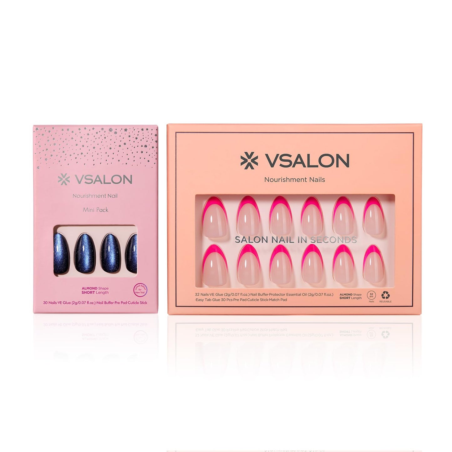 VSALON Press on Nails Short Almond - Deep Blue Cat Eye & Hot Pink French Tip