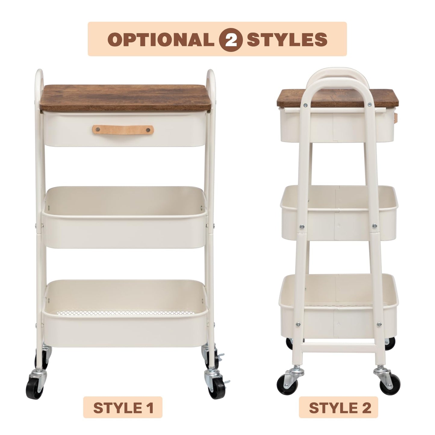 AGTEK 3 Tier Rolling Utility Cart Organizer with Drawer, Metal Craft Cart with Wheels for Bathroom, Kitchen, Office, Nursery Diaper, White