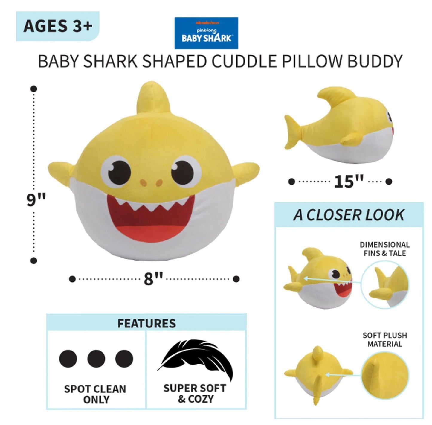 Nickelodeon Baby Shark Kids Plush Cuddle and Decorative Pillow Buddy, Yellow 15" Tall