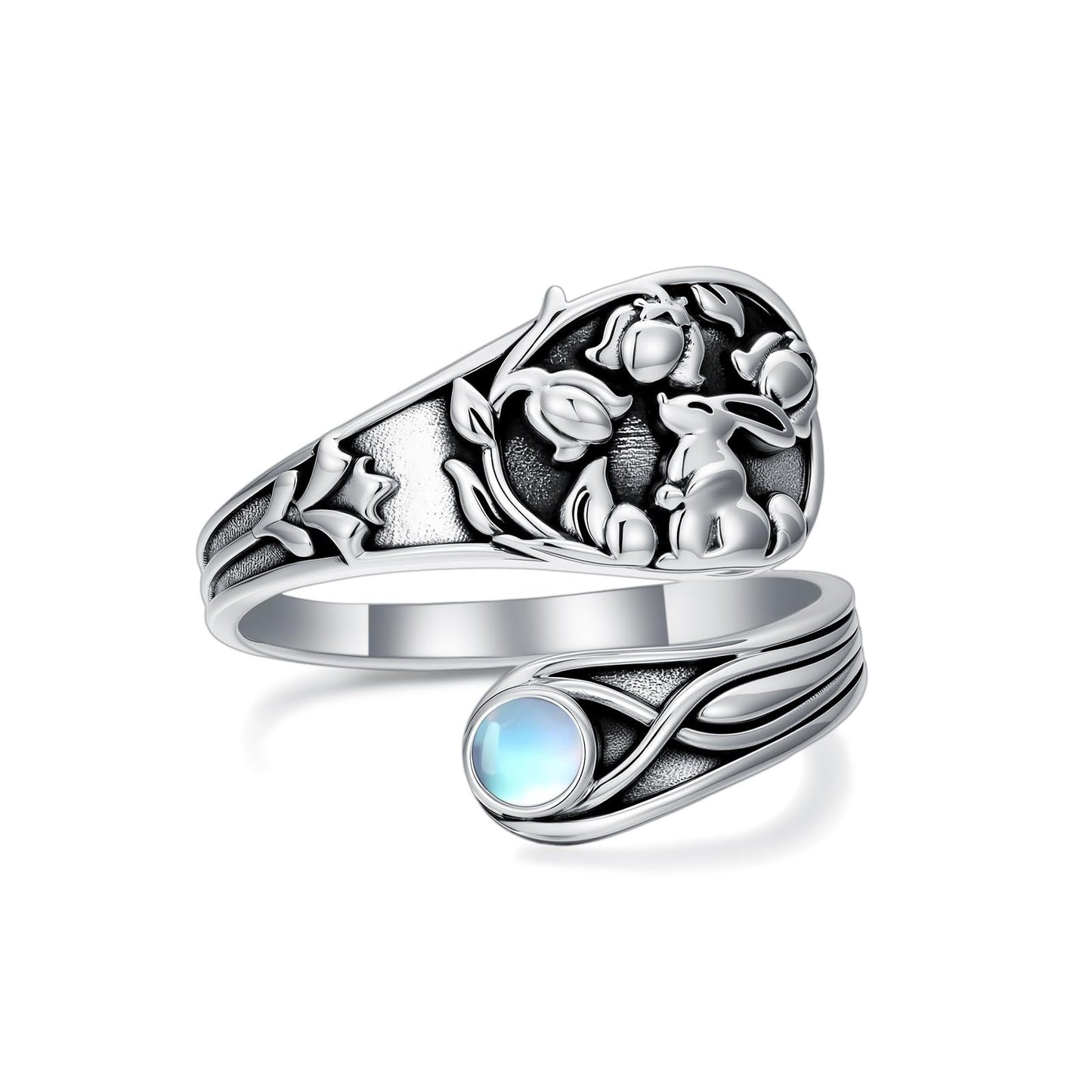 Midari Easter Bunny Spoon Rings for Women 925 Sterling Silver Cute Bunny Adjustable Rabbit Moonstone Rings Abalone Open Spoon Thumb Rings Bunny Jewelry for Women Men Birthday Easter Gifts
