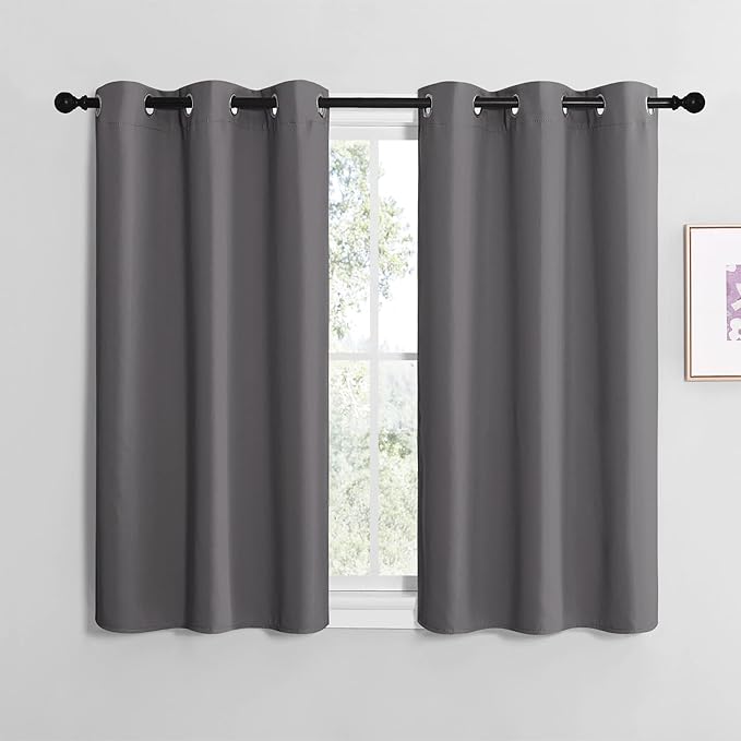 NICETOWN Grey Blackout Curtain Panels for Bedroom, 2 Panels, W29 x L30-inch, Thermal Insulated Grommet Top Blackout Draperies and Drapes for Basement