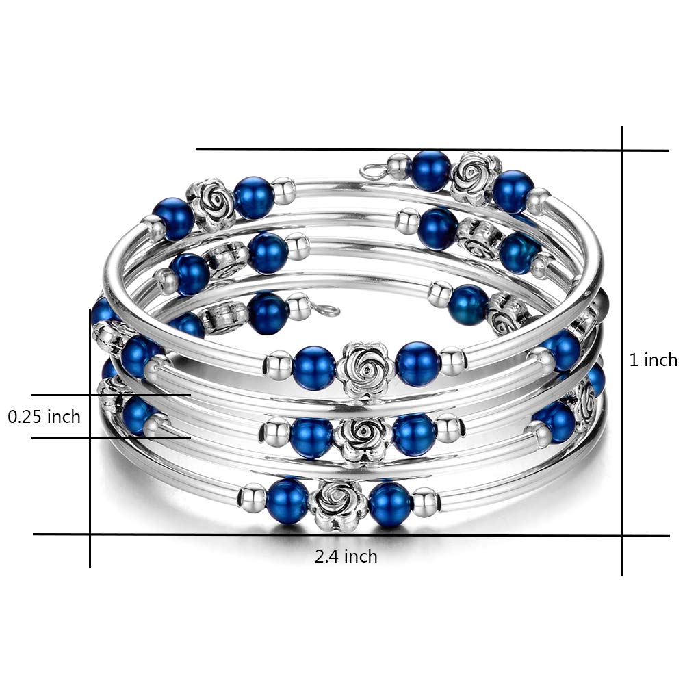 BULINLIN Wrap Bangle Rose Bead Bracelet - Beaded Bracelet with Natural Agate Stone Gifts For Women(01-Sapphire pearl)