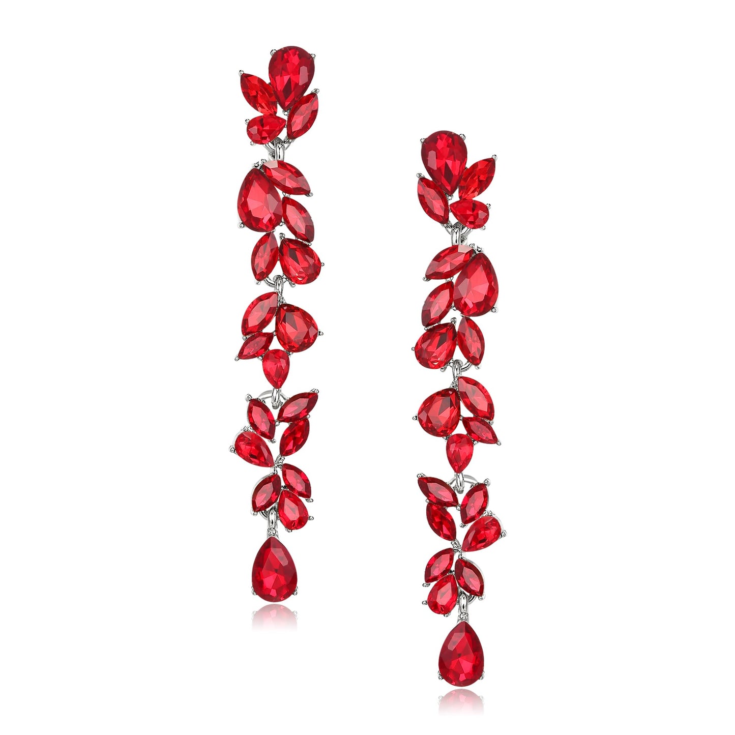 EVER FAITH Wedding Rhinestone Crystal Chandelier Dangle Earring for Women Brides, Art Deco Marquise Teardrop Bridal Long Drop Earrings for Prom Red Silver-Plated-Base